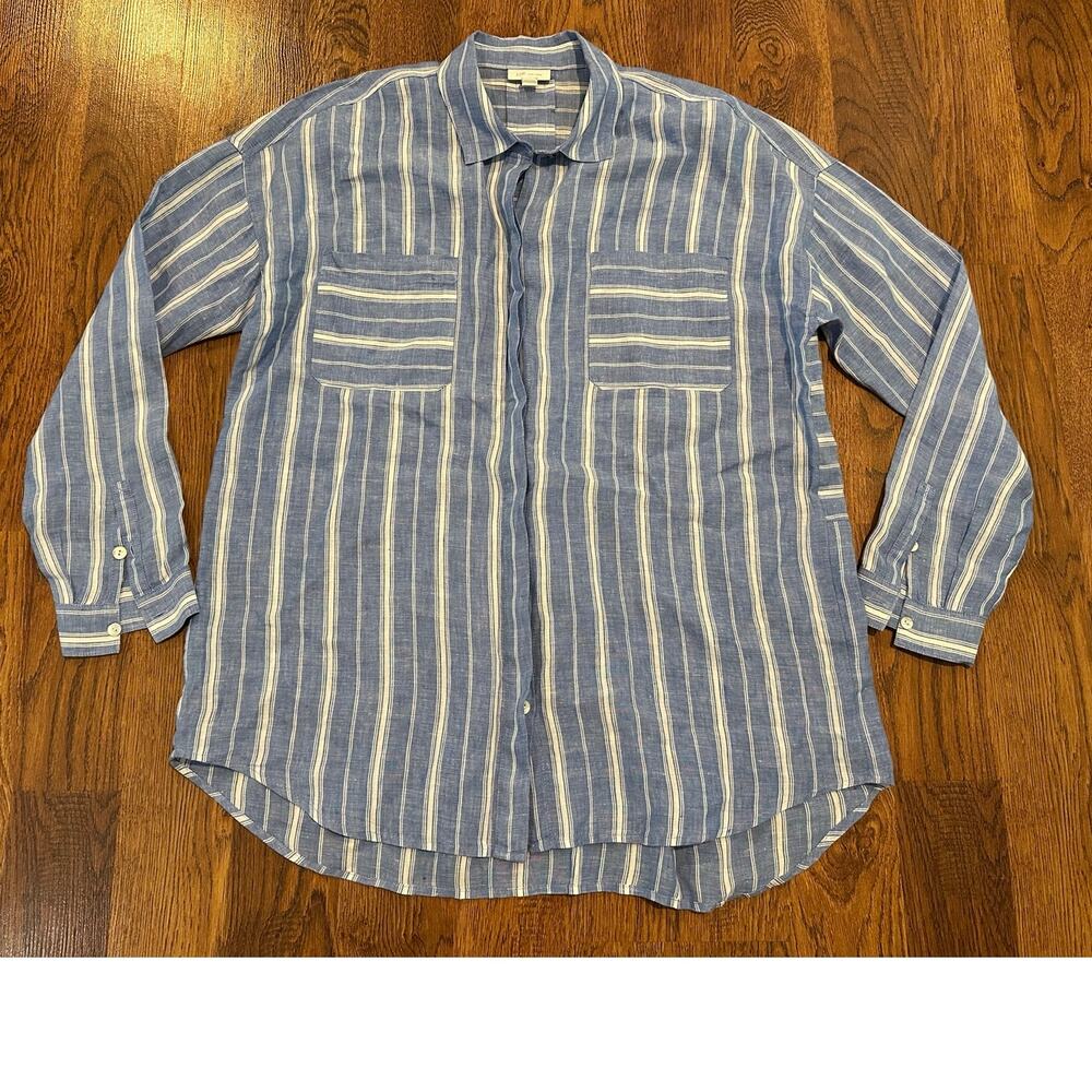 J. Jill Love Linen Striped Shirt Size Medium Blue/White Oversized Everyday Style